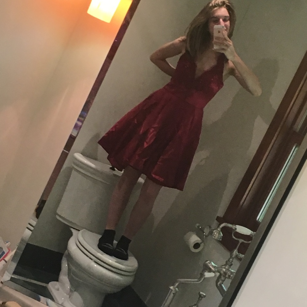 Yilis Burgundy Satin Hi-Lo Party Dress - Picture 5 of 5
